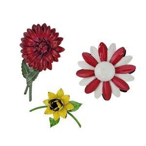 Set of 3 Vintage Enameled Metal Dahlia Water Lily and Power Flowers Pin Brooch